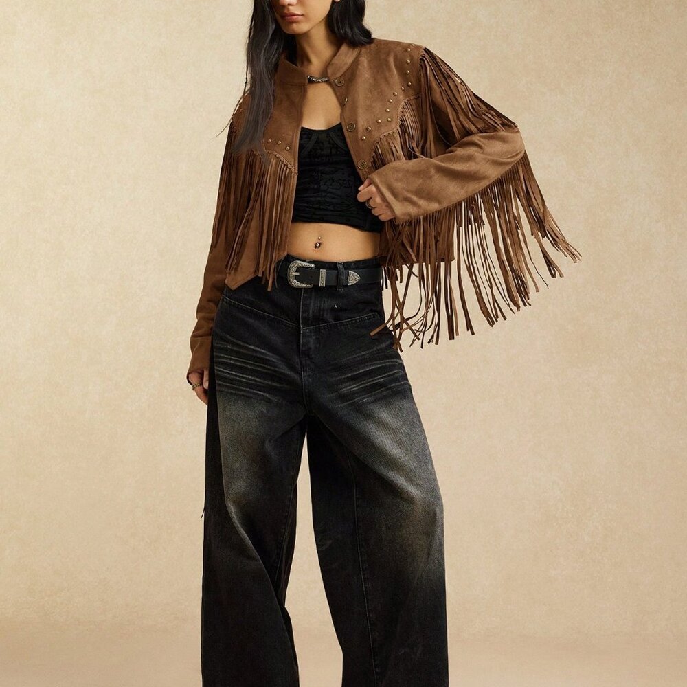 Brown Casual Women's Faux Suedette Jacket with Fringes - Picture 3 of 7